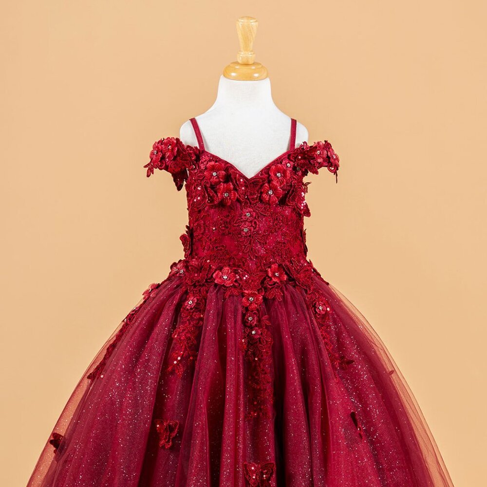 NEW COLD SHOULDER TULLE GOWN FOR GIRLS W/ FLORAL APPLIQUE & SEQUINS GL GK117